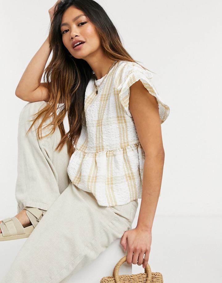Asos Design Textured Smock Top With Ruffle Sleeve In Cream And Tan Check-no Color