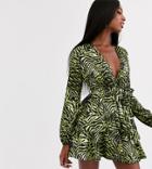 John Zack Tall Plunge Front Skater Dress In Lime Zebra-multi