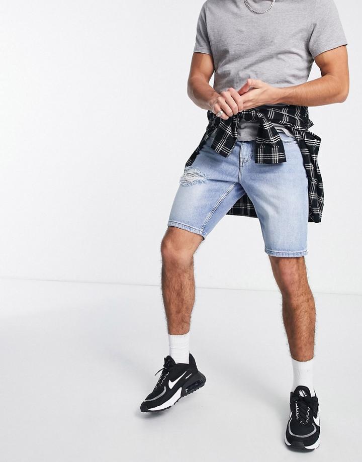 Asos Design Slim Denim Shorts In Light Blue Wash With Rips