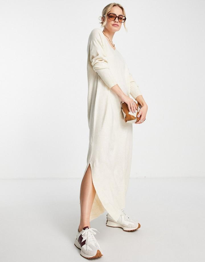 Mango V Neck Knitted Midi Dress In Off White