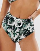 Asos Design Cross High Waist Bikini Bottom With Ring Detail In Oversized Palm Print-multi