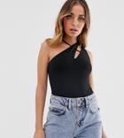Asos Design Petite One Shoulder Top With Asymmetric Halter Strap-black