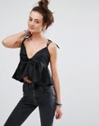 Motel Cami Top With Peplum In Satin - Black