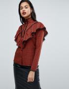 Fashion Union Check Shirt With Ruffle Layer - Red