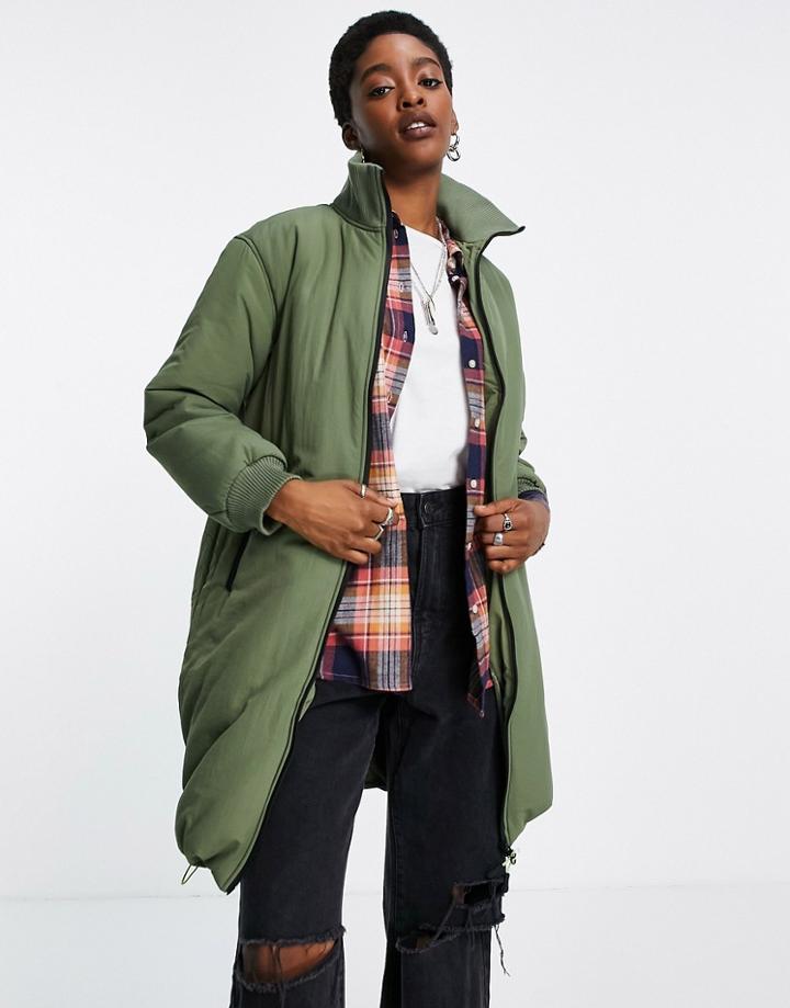 Violet Romance Longline Puffer Jacket In Khaki-green