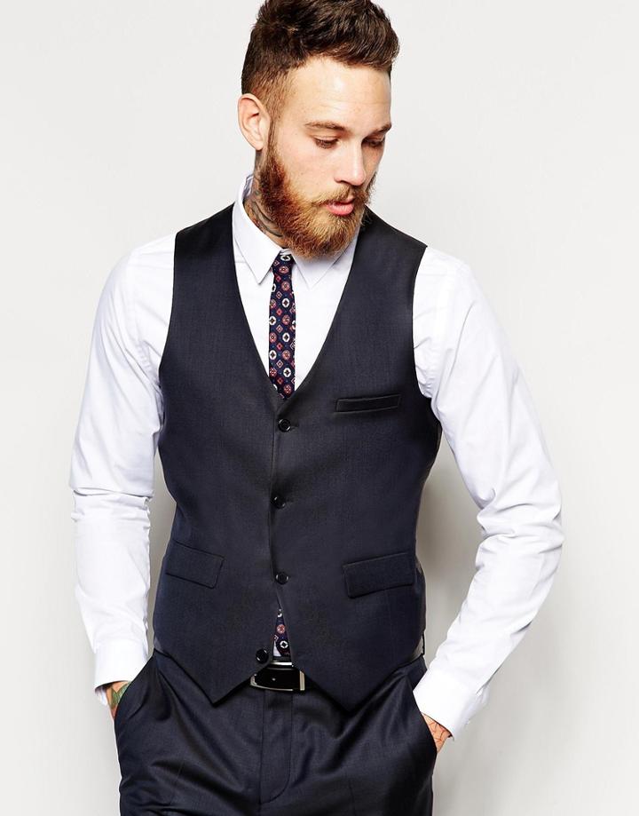 Asos Slim Vest In 100% Wool - Navy