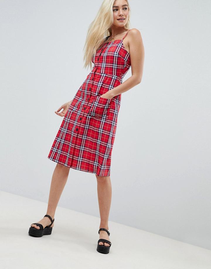 Asos Design Button Through Linen Midi Sundress In Check - Multi