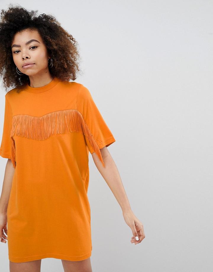 Monki Fringe T-shirt Dress - Orange