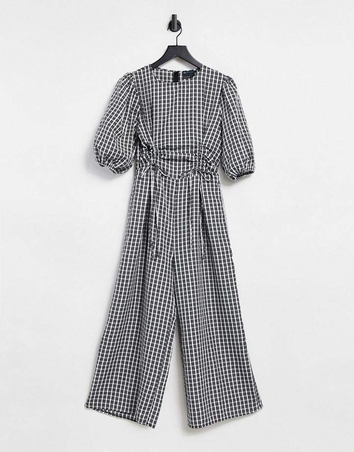 Asos Design Ruched Channel Puff Sleeve Cullotte Jumpsuit In Mono Gingham-multi