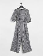 Asos Design Ruched Channel Puff Sleeve Cullotte Jumpsuit In Mono Gingham-multi