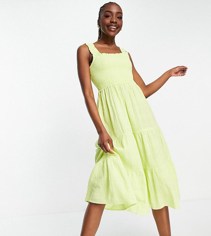 New Look Tall Shirred Strap Two Tiered Midi Dress In Yellow
