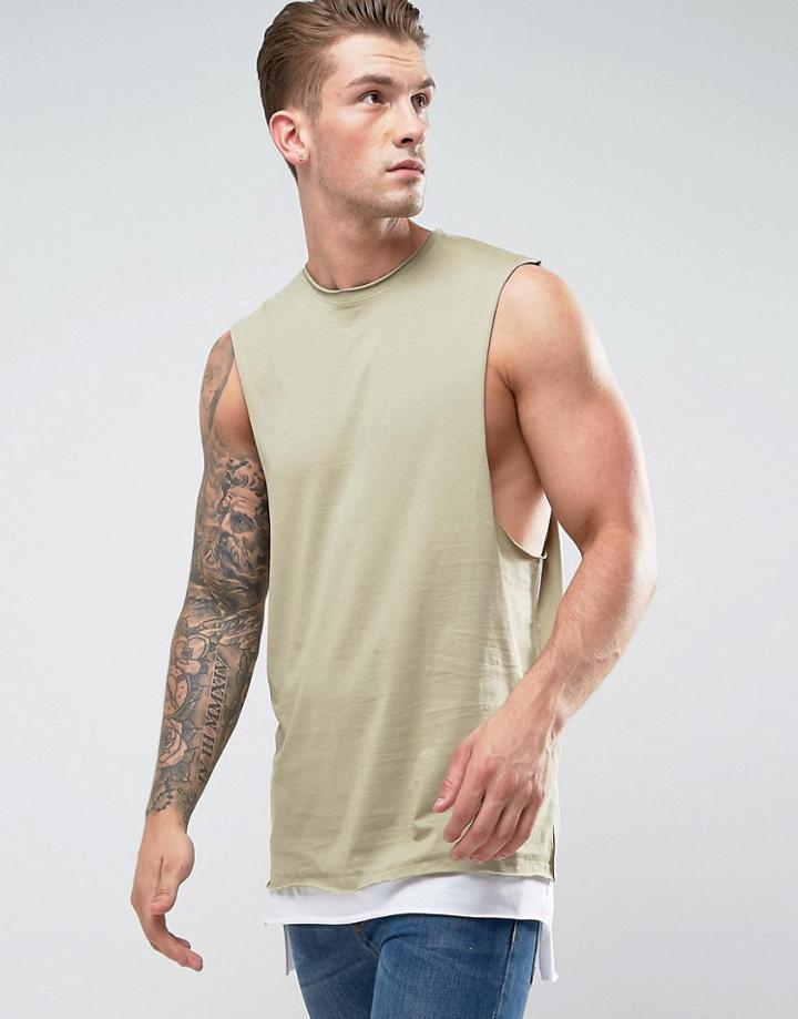 Asos Longline Tank With Dropped Armhole And Hem Extender - Green