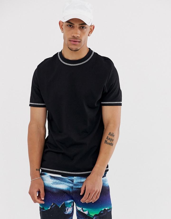 Asos Design Organic T-shirt With Crew Neck In Black With White Flatlocking - Black