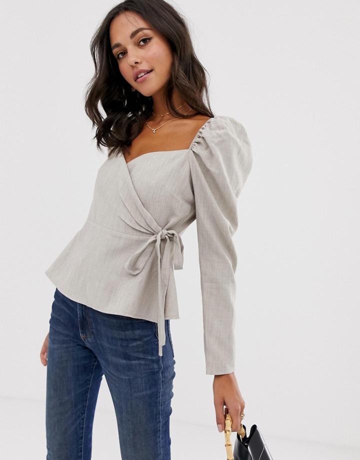 Asos Design Long Sleeve Wrap Top With Sweetheart Neckline - Orange
