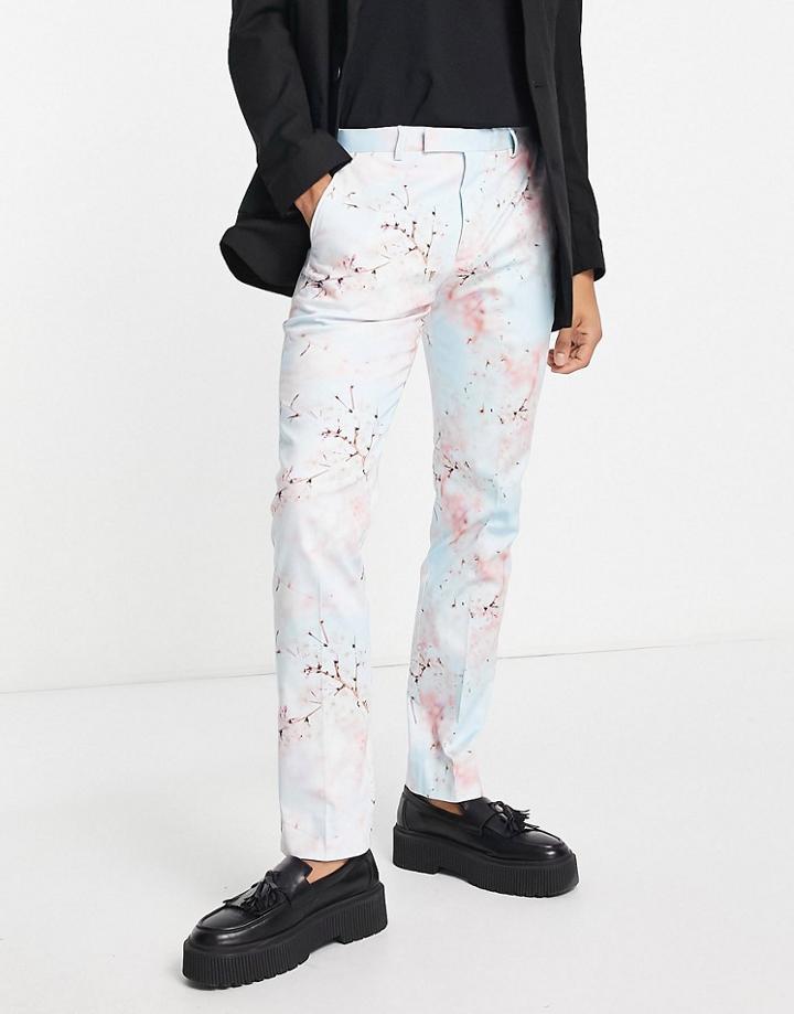 Twisted Tailor Caruso Skinny Fit Suit Pants In Light Blue With Cherry Blossom Print