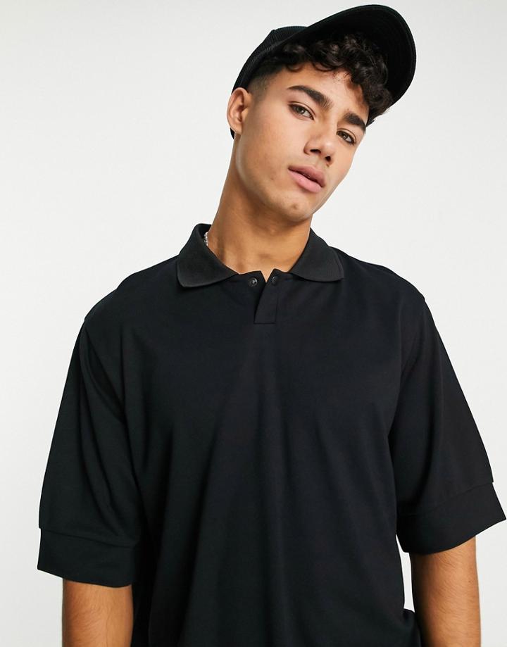 Topman Oversized Fit Blocked Single Stud Polo In Black