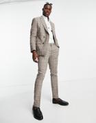 Topman Slim Suit Pants In Brown Check