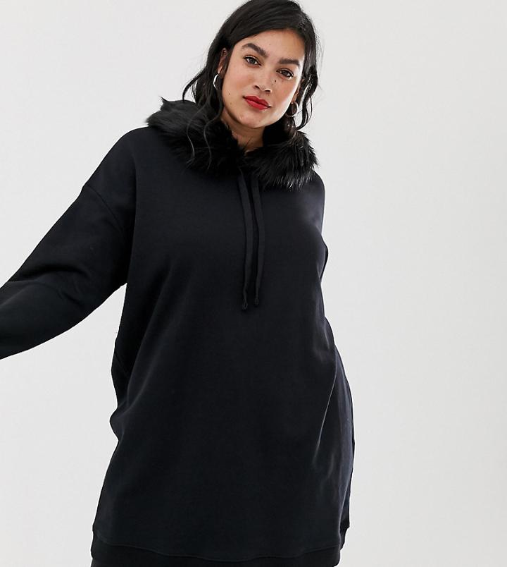 River Island Plus Fur Trim Hoody In Black - Black