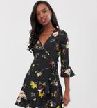 Influence Tall Floral Wrap Mini Dress-black