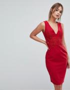 Little Mistress Plunge Front Lace Applique Bodycon Dress - Red