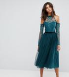 Asos Tall Premium Tulle Cold Shoulder Midi Prom Dress - Green