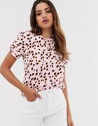 River Island Knot Sleeve T-shirt In Pink Print