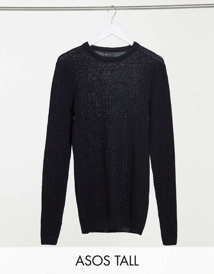 Asos Design Tall Muscle Fit Waffle Knit Sweater In Black