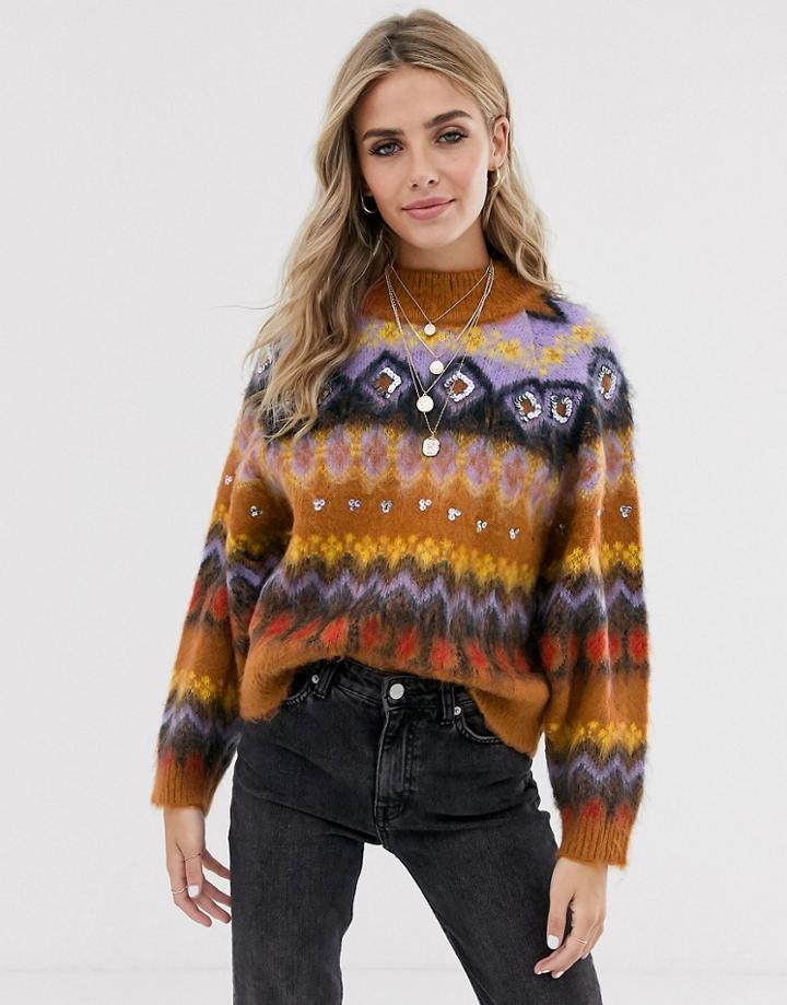 Asos Design Premium Embellsihed Brushed Fairisle Sweater