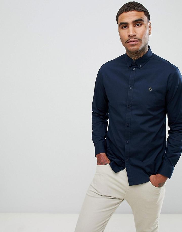 Original Penguin Stretch Poplin Buttondown Shirt Small Logo Heritage Slim Fit In Navy - Navy