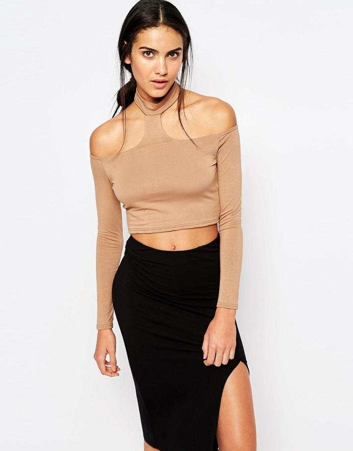 Missguided Cold Shoulder Crop Top - Camel