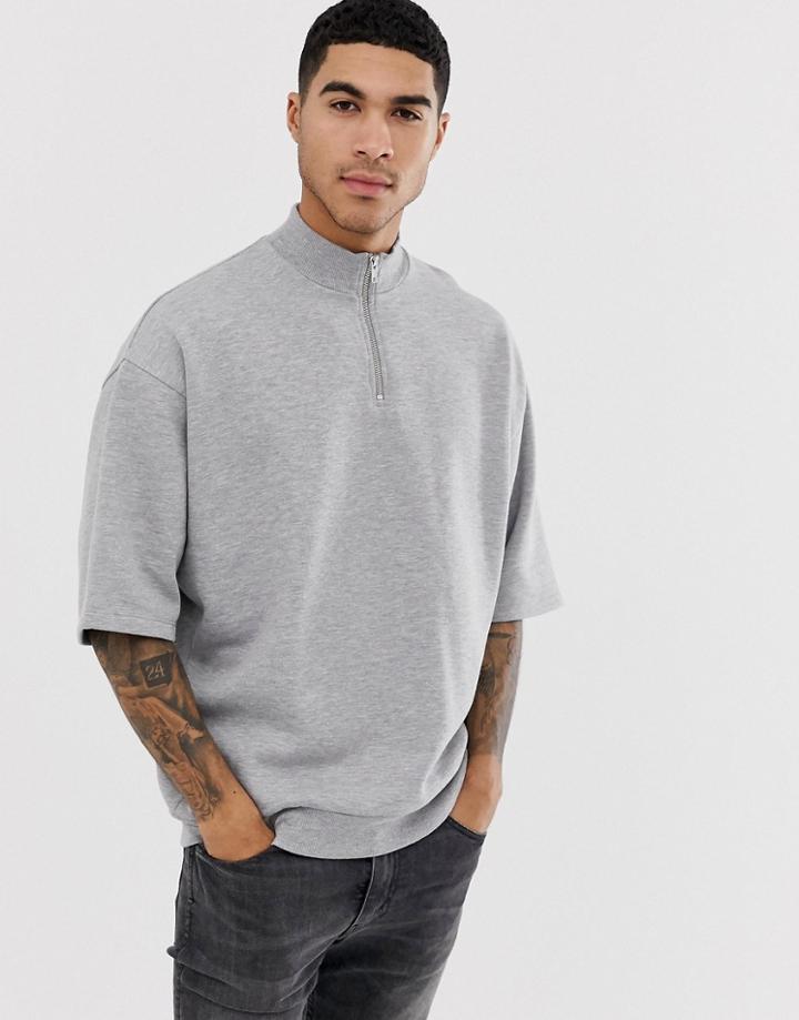 Asos Design Oversized Short Sleeve Sweatshirt With Zip Neck In Gray Marl - Gray