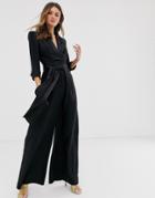 Asos Design Plunge Tux Jumpsuit With Wide Leg-black
