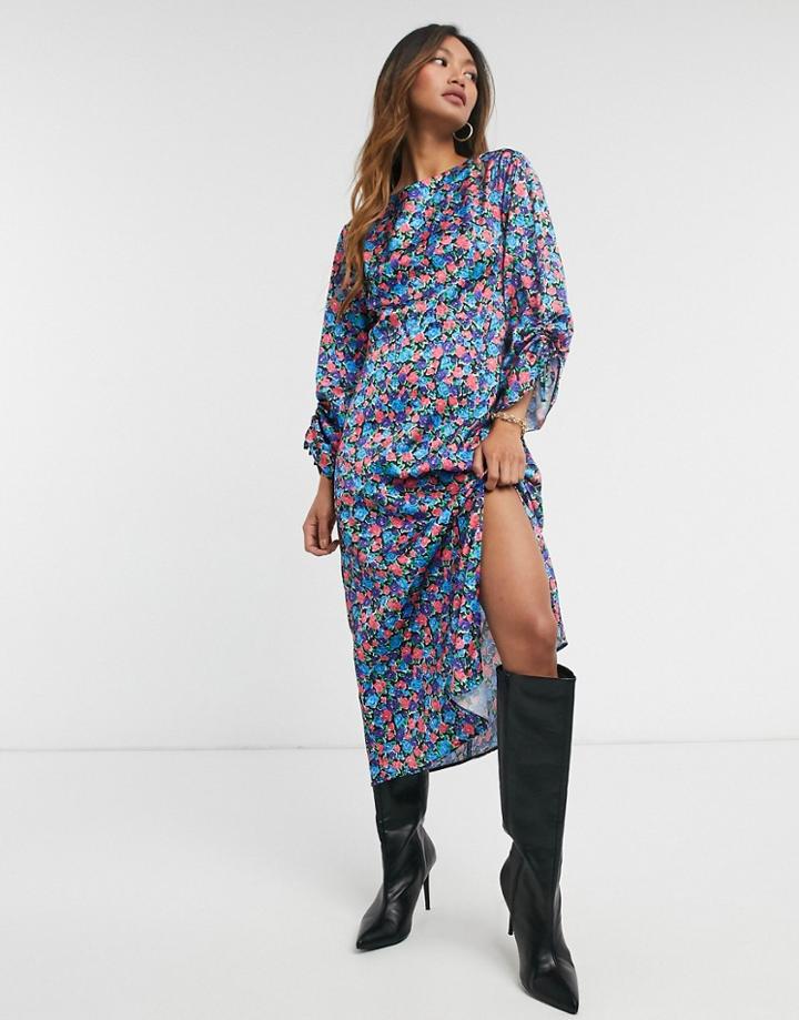 River Island Floral Ruched Sleeve Midi Dress In Blue