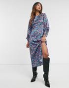 River Island Floral Ruched Sleeve Midi Dress In Blue