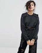 Asos Sweat With Lace And Eyelet Detail - Black