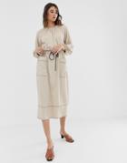 Asos Design Midi Dress With Contrast Stitching And Drawstring Waist - Beige