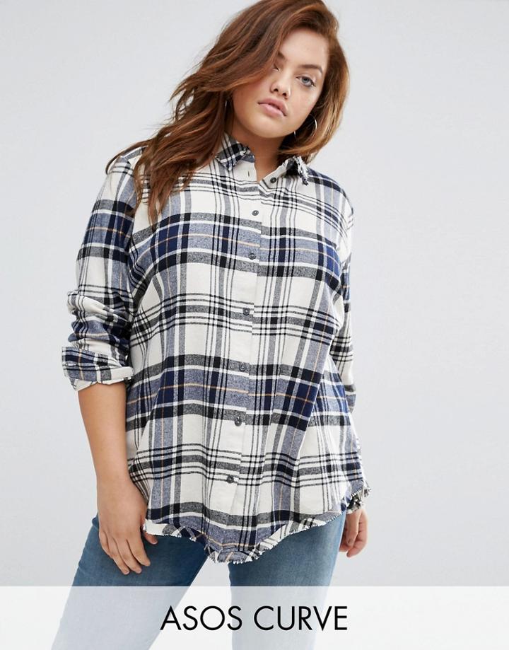 Asos Curve Oversized Check Shirt With Raw Edges & Split Back - Multi