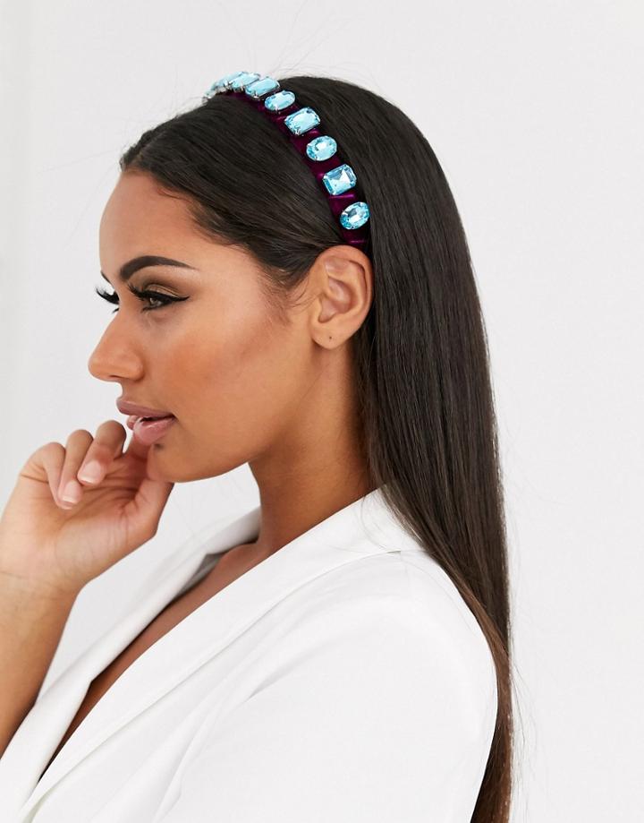 Asos Design Headband With Blue Crystal Embellishment And Purple Velvet-multi