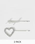 Asos Design Pack Of 2 Hair Clips In Angel And Crystal Heart Design In Silver Tone - Silver