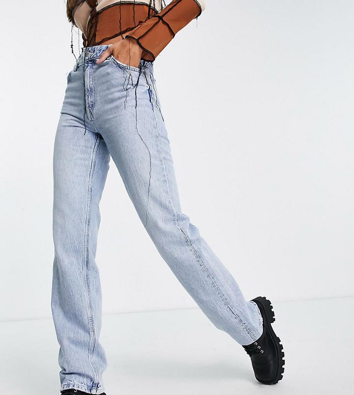 Bershka Tall High Waisted Dad Jean In Bleached Wash-blues