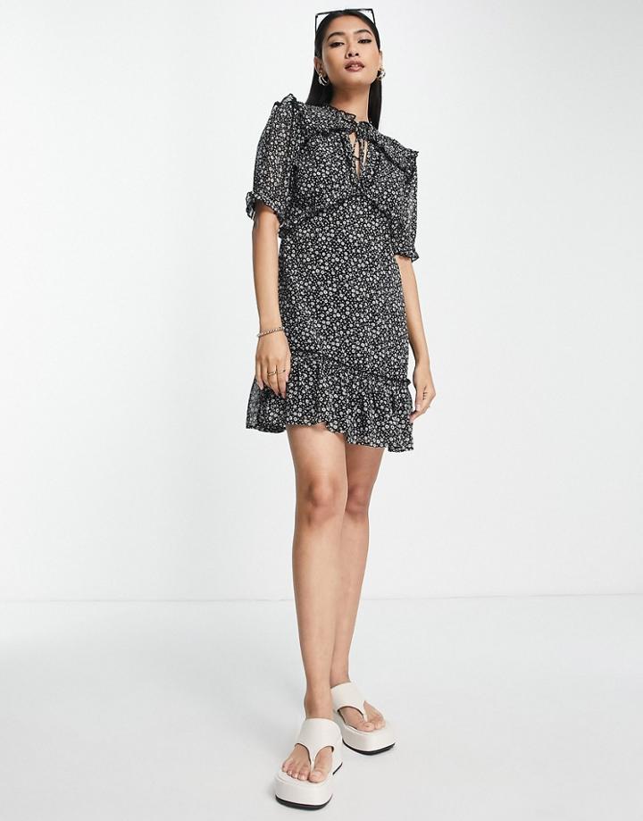 Topshop Frill Detail Mini Dress In Navy Floral Print
