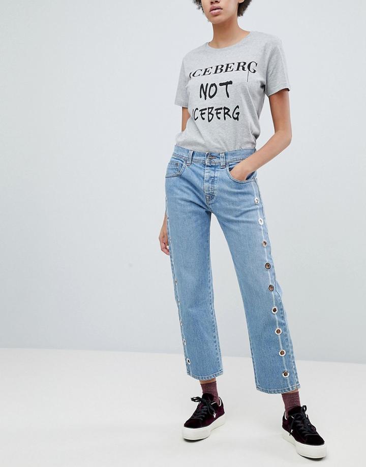 Iceberg Eyelet Side Seam Crop Straight Leg Jeans - Blue
