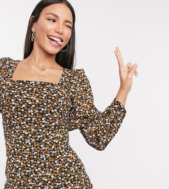 Fashion Union Tall Mini Dress With Puff Sleeves In Ditsy Print-black