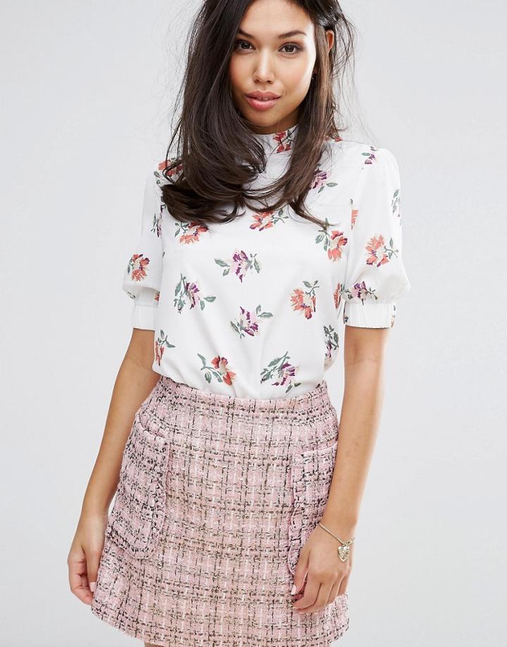 Fashion Union High Neck Blouse In Floral - White