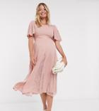 Asos Design Maternity Midi Dress With Lace Panels And Blouson Bodice-pink