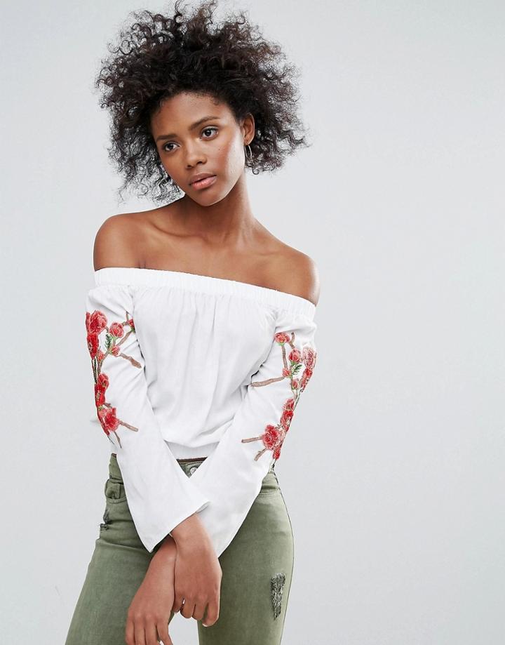 Parisian Off Shoulder Top With Embroidered Sleeves - White