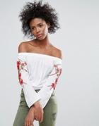 Parisian Off Shoulder Top With Embroidered Sleeves - White