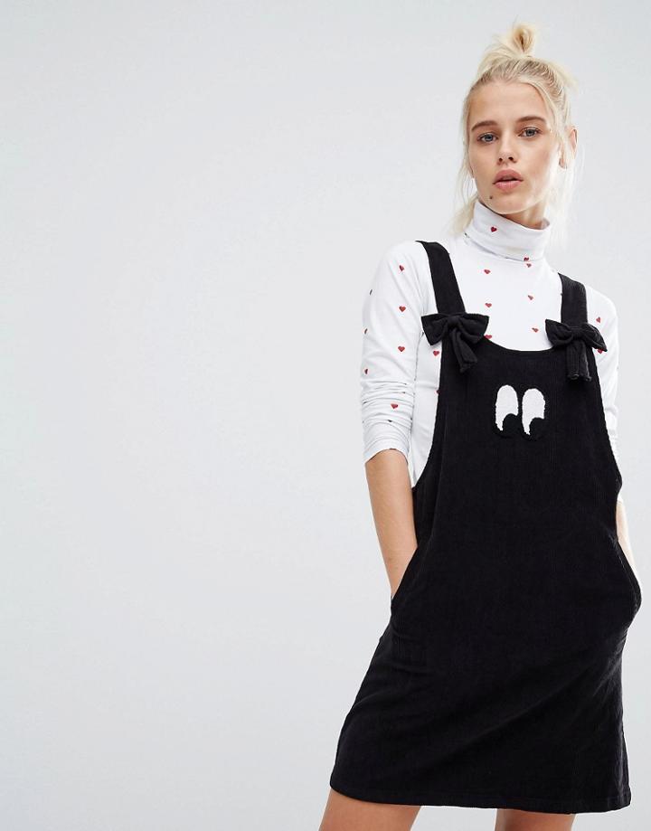 Lazy Oaf Bow Strap Eyeball Pinafore Dress In Corduroy - Black