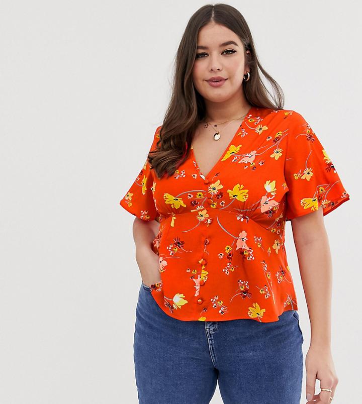 Influence Plus Button Front Tea Blouse In Floral Print-red