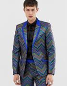 Asos Edition Slim Tuxedo Jacket In Multi Colored Zig Zag Jacquard - Blue